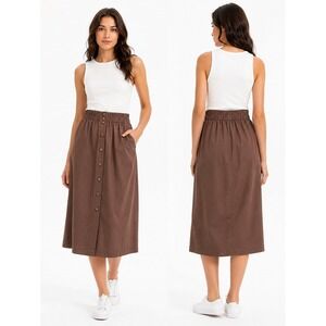 Veronica Midi Skirt Womens Small Brown Button Front High Waist Paperbag Cottage